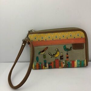 Fossil Vintage Key-per Multicolor Bird Wristlet Wallet Coated Canvas